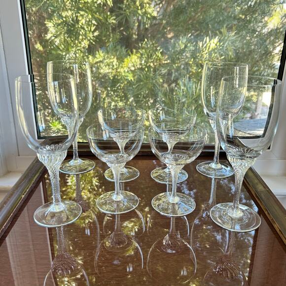 Vintage Twisted Stem Crystal American Cut Roberto Water & Coupe Glasses Set 8 - Picture 6 of 15